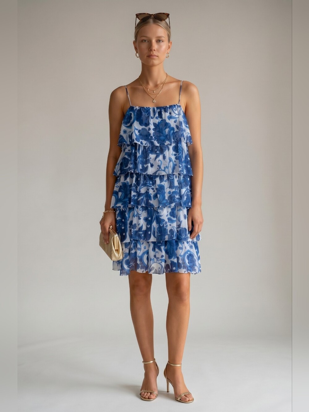 Caroline Constas Blue White Floral Tiered Ruffle Spaghetti Strap Mini Dress Sz M